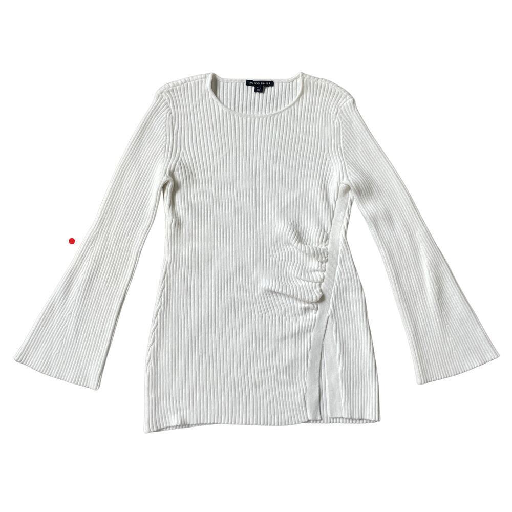 Boston Proper M Side Slit Ruched Sweater | Tunic Flare Sleeves Ribbed, Off-White - Picture 5 of 9